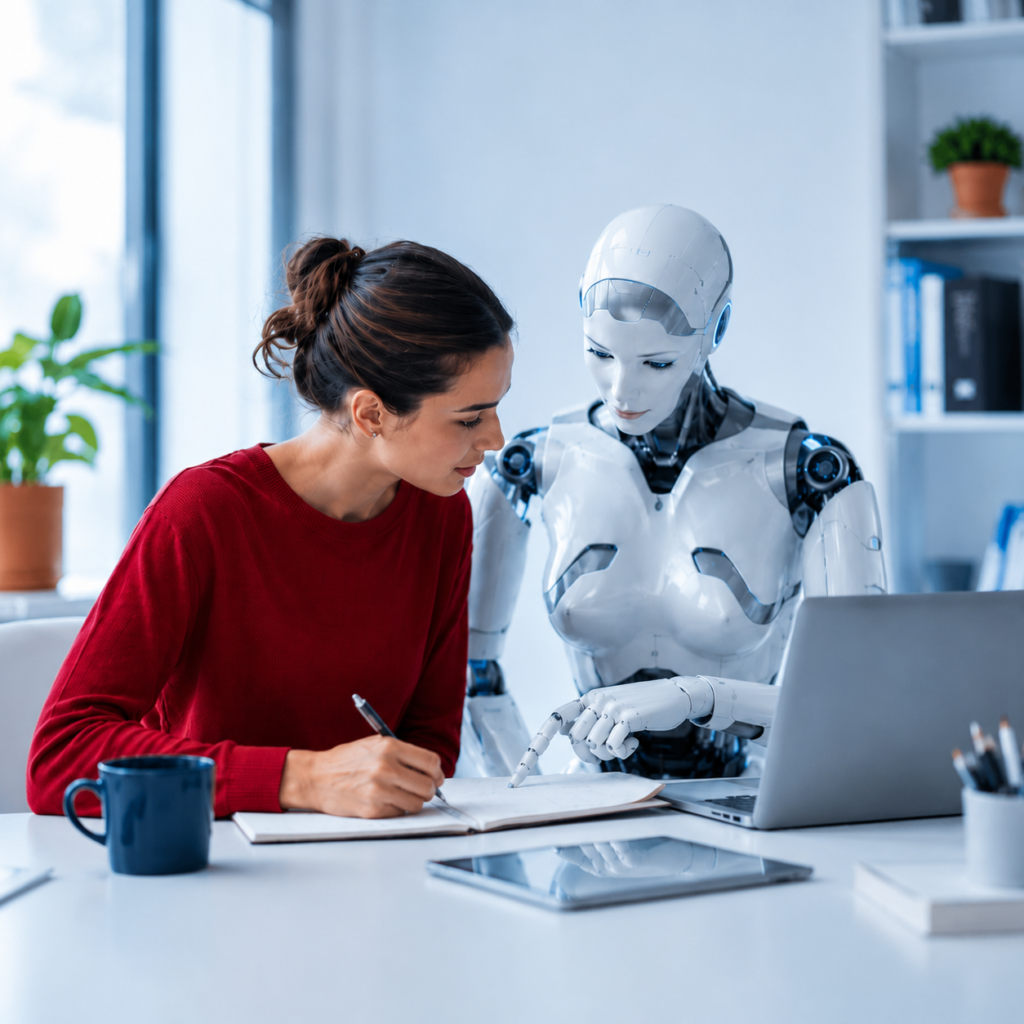 Persona aprendiendo junto a un robot con inteligencia artificial conversacional