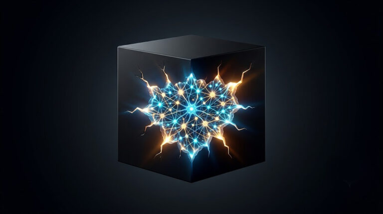 Caja negra agrietándose con una red neuronal brillante en su interior