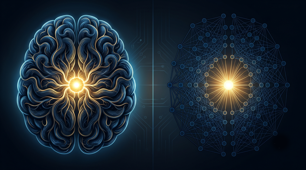 Comparación visual entre un cerebro humano y una red neuronal artificial, ambos con un núcleo luminoso central