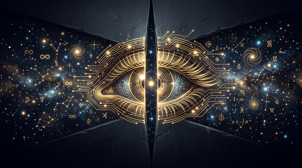 Ojo digital dividido entre circuitos y cosmos, simbolizando la mirada hacia el interior de una IA